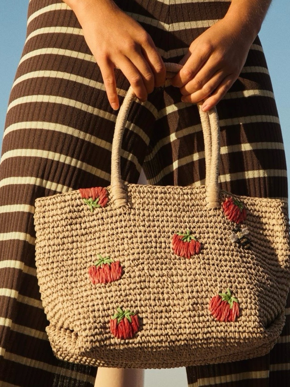 NWT Zara Straw Tote with Embroidered Red Tomato Accents